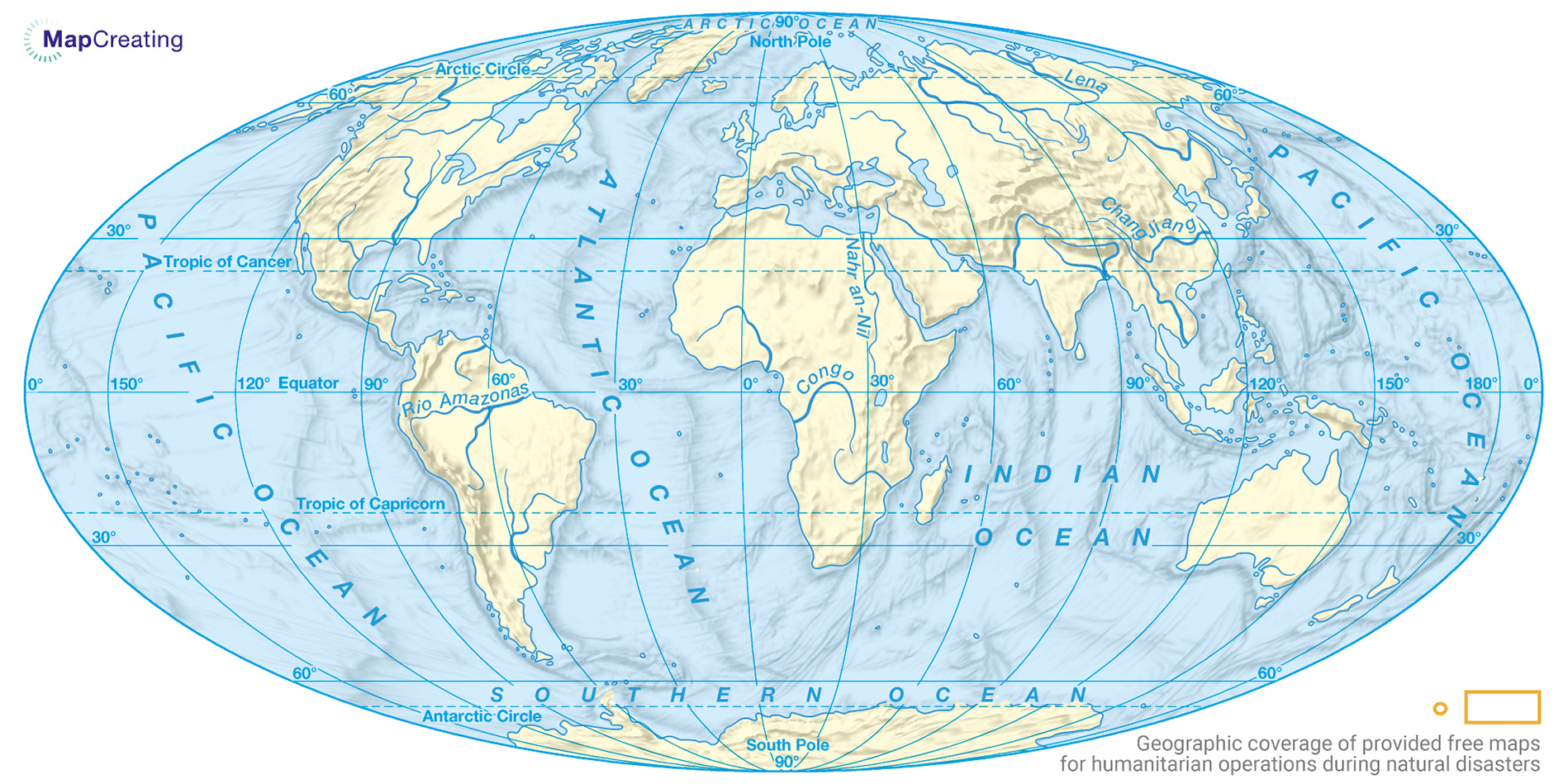 Geographic coverage of provided free maps for humanitarian operations during natural disasters