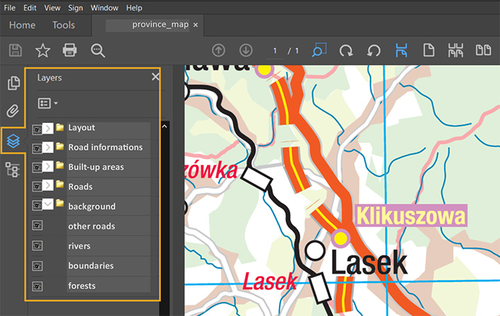 Layers in AcrobatReader®. Simplify data, remove unnecessary, invisible