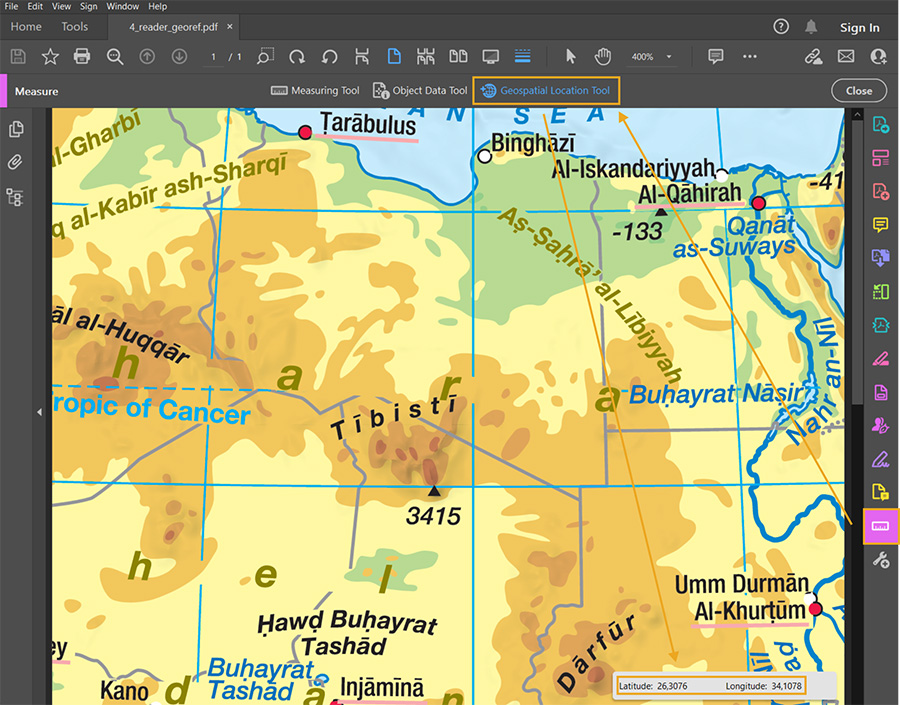 geographical co-ordinates on a map, GPS, localisation in AcrobatReader®