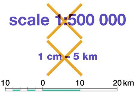 principal scale, nominal imperial scale, scale bar. The map shoudn't be scaled without need