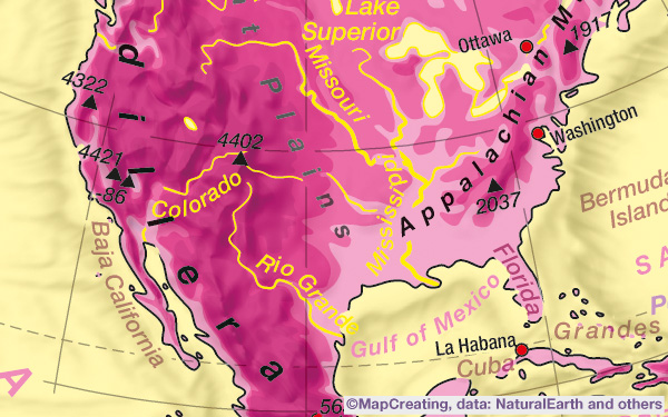 Physical/ hypsometric map of North America in 1:100,000,000 scale. Relief map of the continent