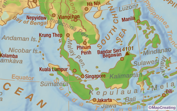 Landscape map of Southern Asia in 1:100,000,000 scale. Rainforests, plough areas, seas, shading