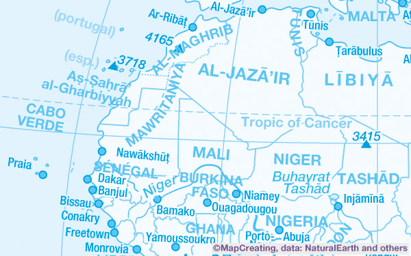 General-purpose reference map of Africa in 1:100,000,000 scale. Blue strokes for school