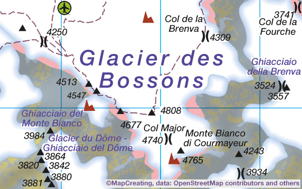 Landscape map of Alps in 1:100,000 scale. Glaciers, mountain dwarf pine