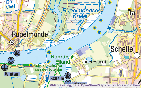 Water tourism map of Belgium in 1:100,000 scale. Buoys, ports, ferries