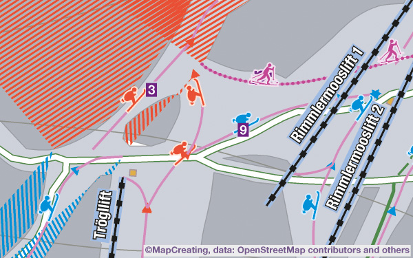 Ski tourism map of Germany Alps in 1:10,000 scale. Gondolas, chair-lifts