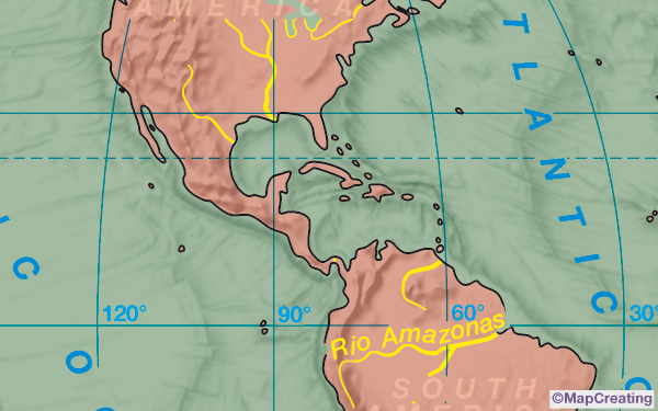 Mapa geográfico general, escala 1:200.000.000, mapamundi centrado en América, estilo clasicista