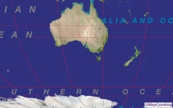 Satellite map, scale 1:200,000,000, world centered on Asia and Australia, grey manner