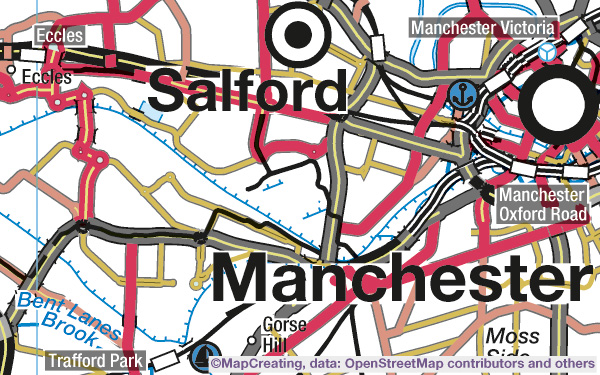 Railway map, scale 1:200,000, Manchester, Great Britain, cold manner