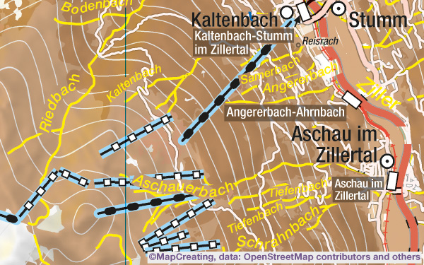 Ski tourism map of Austrian Alps in 1:200,000 scale. Ski resorts, lifts, gondolas