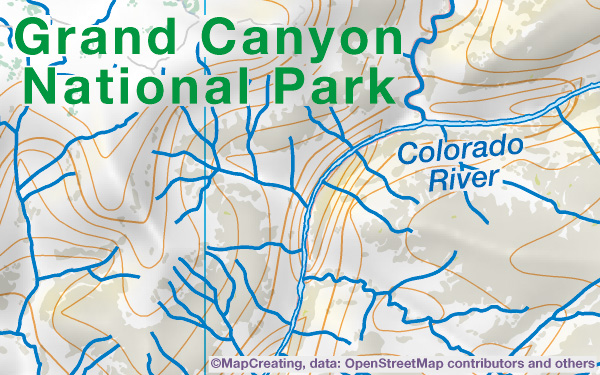 Quasi topographic map of Grand Canyon in 1:200,000 scale,. Hill shading, contour lines, rivers