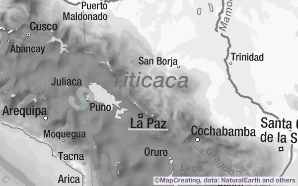 Mapa físico/ hipsométrico, escala 1:20.000.000, Andes, modo gris