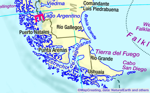 Mapa geográfico general, escala 1:20.000.000, Tierra del Fuego, Argentina, saturación vívida