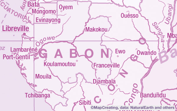 Political map of Gabon in 1:20,000,000 scale. Countries, settlements, rivers