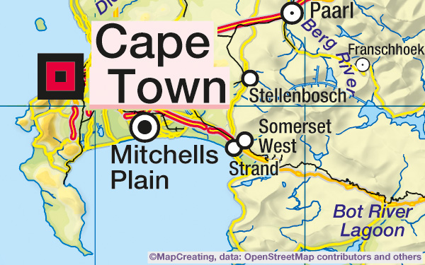 Physical map of South Africa in 1:2,000,000 scale. Hill shading, rivers, low-cost map