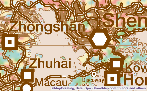 Landscape map of China in 1:2,000,000 scale. Rice fields, tropical forests, cities