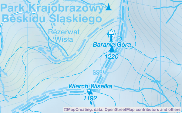 Hiking tourism map of Poland in 1:45,000 scale. View-towers, peaks, nature reserves