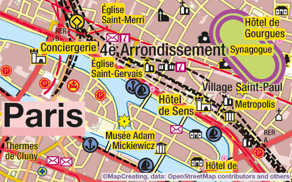 centre of Paris, France, map in 1:45,000 scale