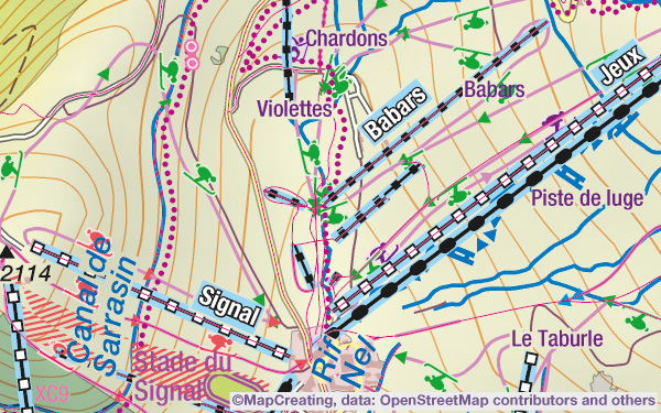 Ski tourism map of France in 1:45,000 scale. Rack railways, chair-lifts, ski arenas