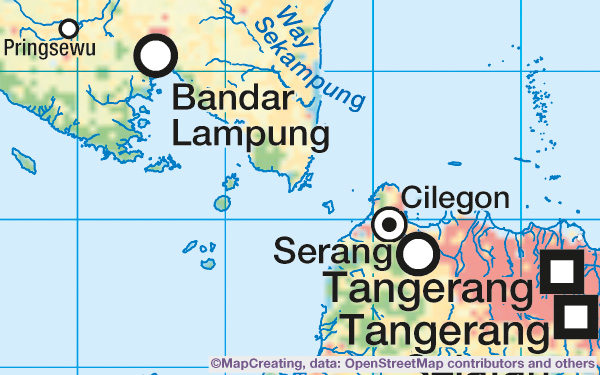 Landscape map of Indonesia in 1:4,000,000 scale. Rainforests, seas, built-up