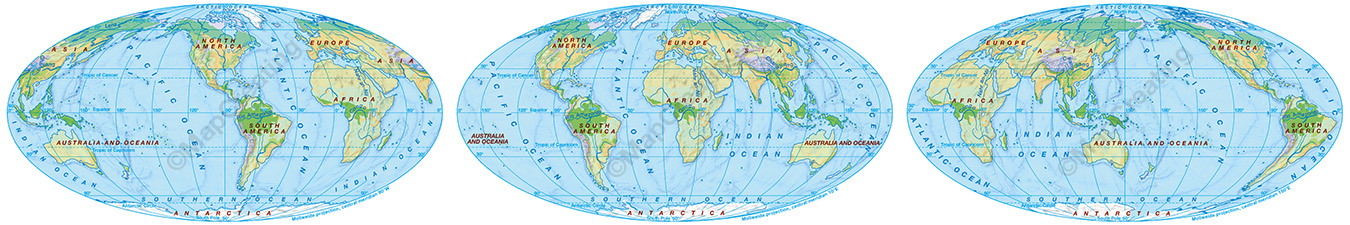 World Maps with Central Meridian in: Americas, Europe and Africa, Asia with Australia and Oceania