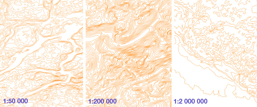 Contour lines, generalized up to scale, every 20 m or 10 m