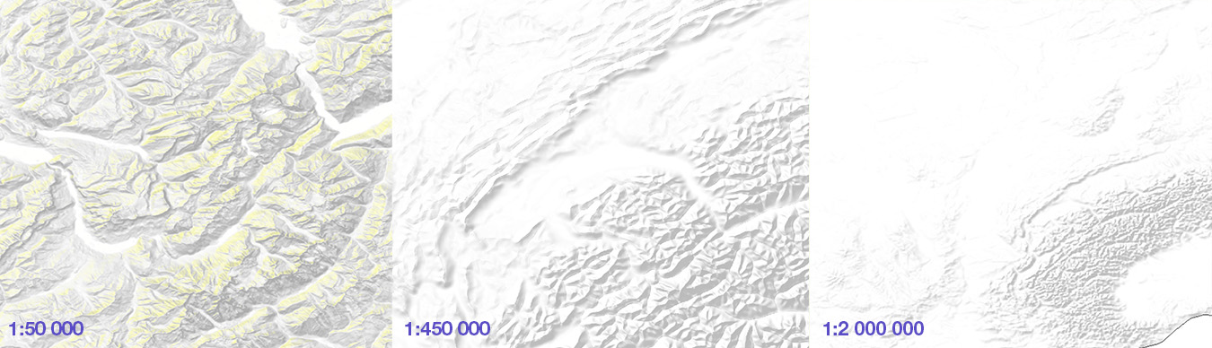 Hill shading with yellow illuminated slopes, generalized accoridng to the scale, legible, clear, light, white background