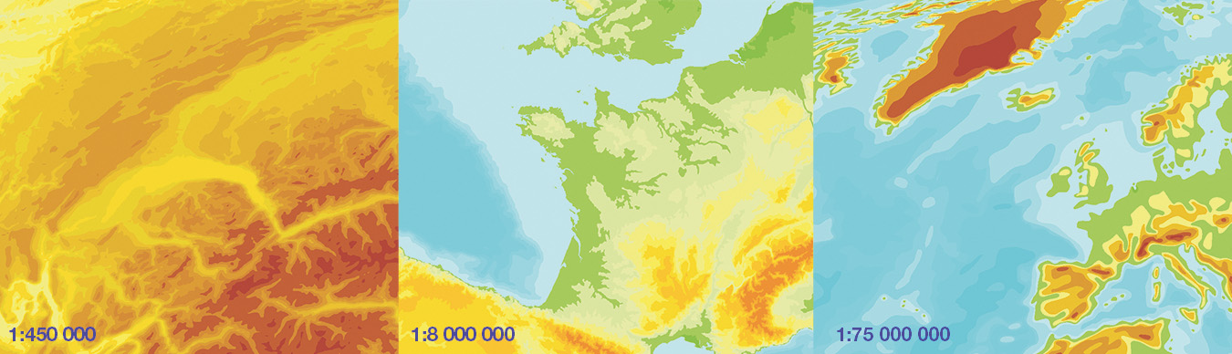 Colour hypsometry/ layer tints, useful at school, on geography, legible, generalized