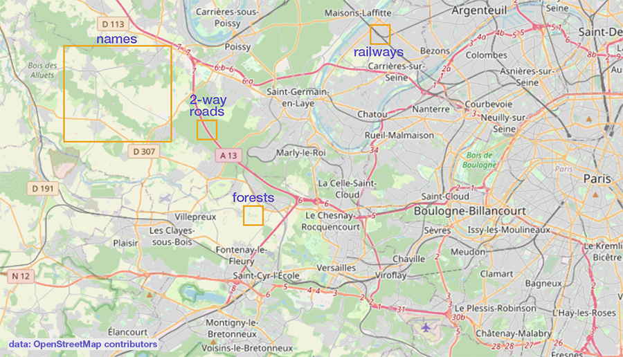 OpenStreetMap®: merging roads, railway overlaps, less names, random selection