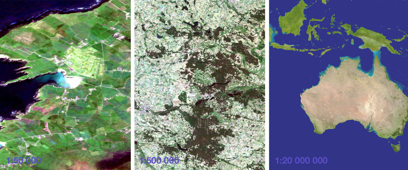 Satellite images, pixels according to the scale, vivid colours