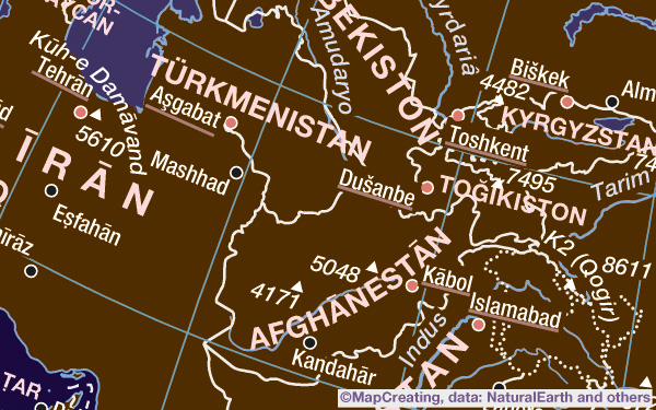 General-purpose reference map of Asia in 1:50,000,000 scale. Personalized, legible