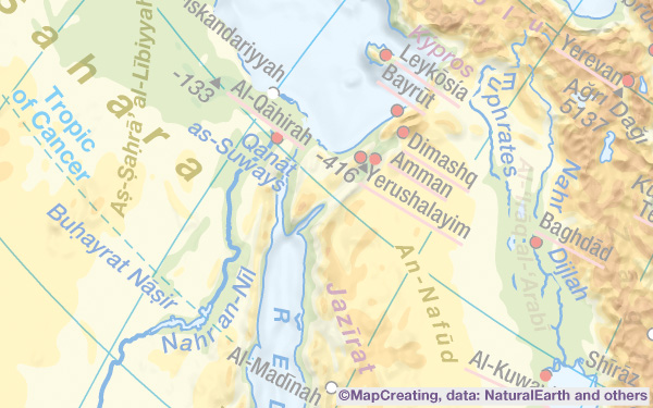 Physical/ hypsometric map of Near East in 1:50,000,000 scale. Brilliant relief, hil shading, for 4€