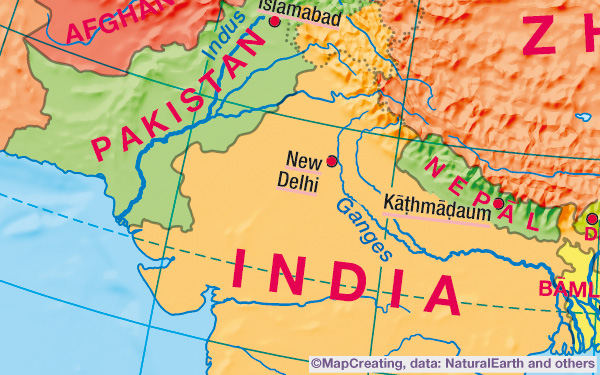 Political map of India in 1:50,000,000 scale, India. Legible map made on demand