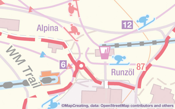 Ski tourism map of Switzerland in 1:5,000 scale. Ski trails, ski-lifts, arenas