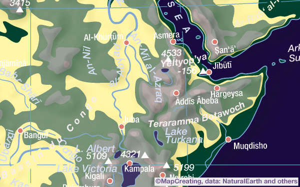 Physical/ hypsometric map of Afrcia in 1:75,000,000 scale. Clear relief, lands and oceans, for 6€