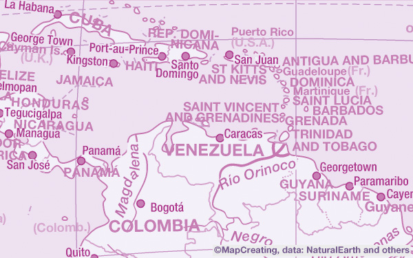 Mapa base, escala 1:75.000.000, Caribe, modo morado