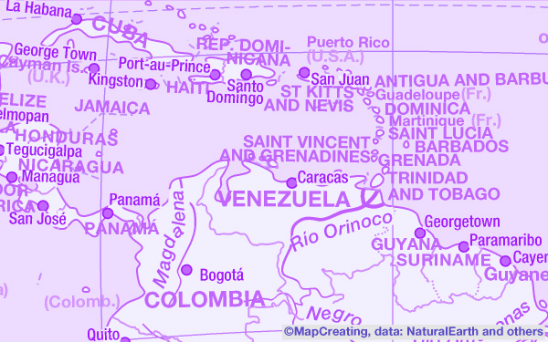 Mapa base, escala 1:75.000.000, Caribe, modo morado (RGB)