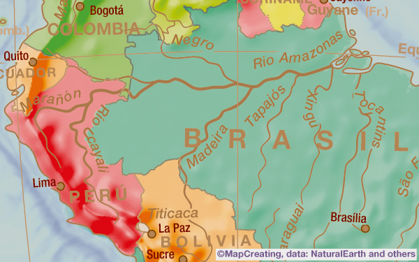 Mapa político da América do Sul em escala 1:75.000.000, sépia