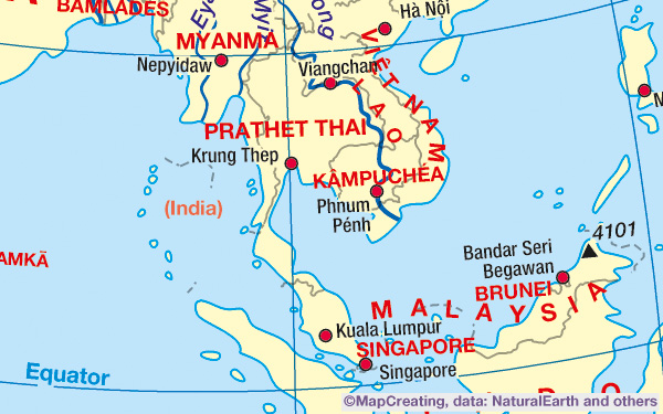 General-purpose custom map of Southern Asia in 1:75,000,000 scale. Boundaries, capitals