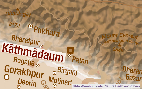 Physical/ hypsometric map of Himalayas in 1:8,000,000 scale. Clear relief, map for 3€