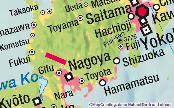 Landscape map of Japan in 1:8,000,000 scale. Rice fields, built-up, forests, cities