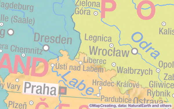 Political map of Central-Eastern Europe in 1:8,000,000 scale. Clear, simply, legible, hill shading