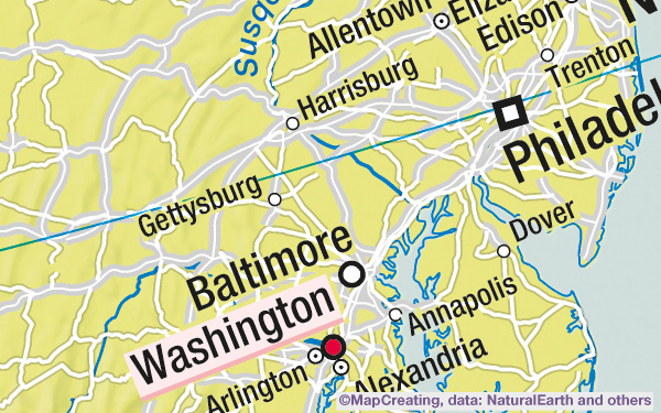 Political and road map of the U.S.A. in 1:8,000,000 scale. Map generated on demand