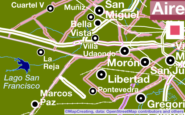 Mapa ferroviario, escala 1:900.000, Argentina, modo nocturno, saturación estándar