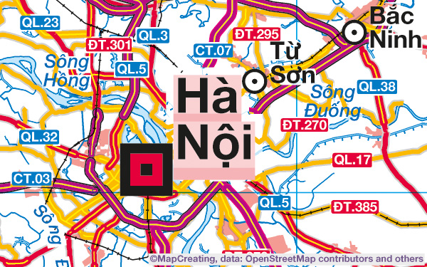 General-purpose reference map of Vietnam in 1:900,000 scale. Roads with numbering, cities