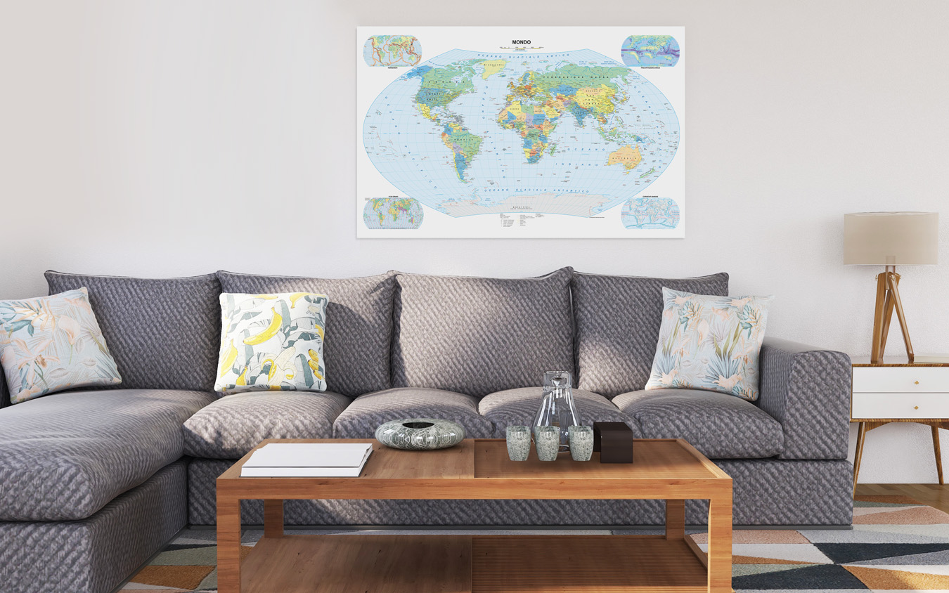 Image in a living room. Decorative map, artistic manner