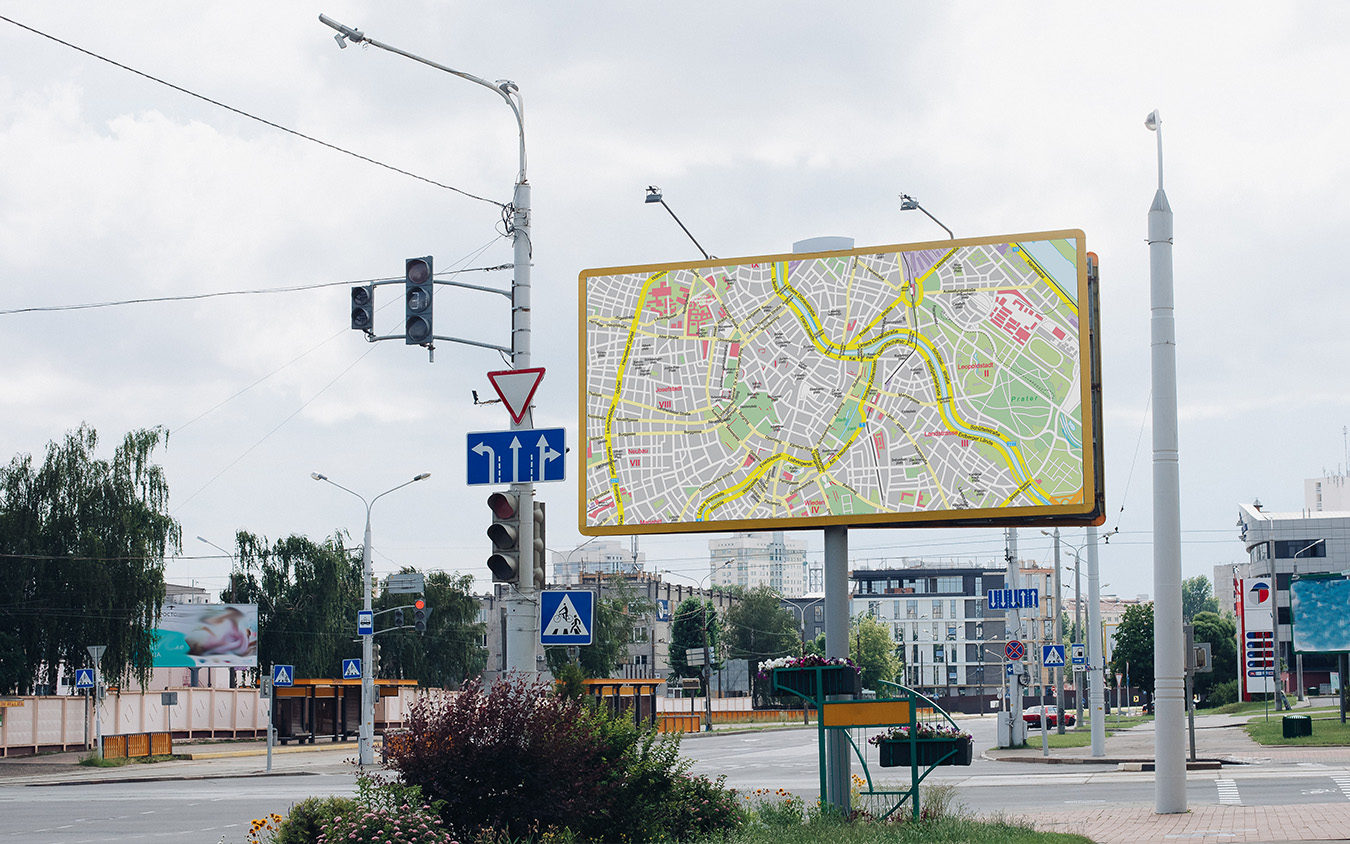 Billboard along the road. Advertisement, legible, simple, less informations, great size