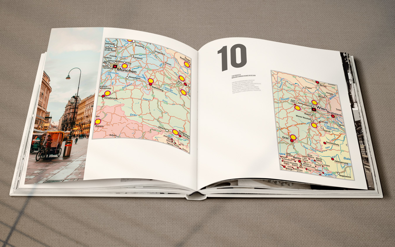 Company catalogue with a sales network map. Branding, illustrative, stylization as in visual identifical book