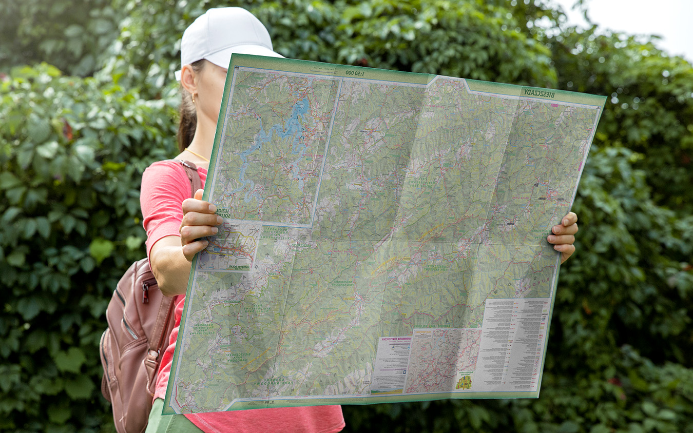 Map on hiking trip. For planning, navigation, trip routes, marked trails, legible