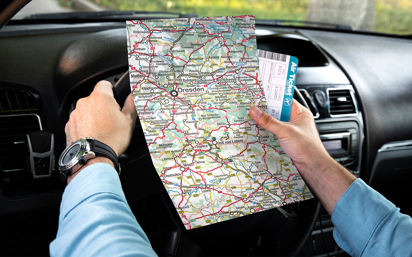 Map in a car. For planning, navigation, in an emergency, legible